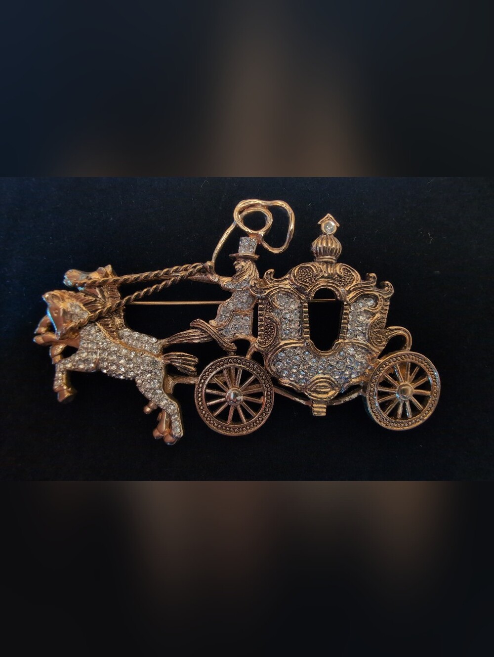 Vintage Crystal-Embellished Gold ToneHorse Drawn Carriage Brooch - Women Jewelry